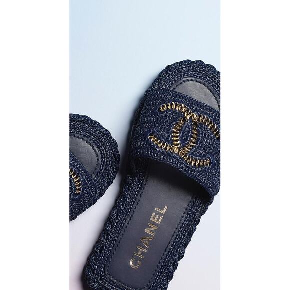 Chanel 21C Navy Blue Cord Gold Chain CC Logo Mule Slide Slip On Sandal Flat 37 - Picture 7 of 12